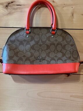 Coach Mini Dome Satchel Bag Signature Canvas Brown Orange Trim Zip Crossbody